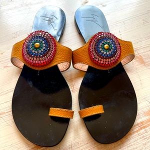 GIUSEPPE ZANOTTI Leather Toe-Loop Sandals with Swavroski Crystal Medallion